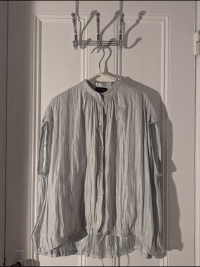 Roberto Collina Light Gray/Blue Pleated Band-Collar Shirt